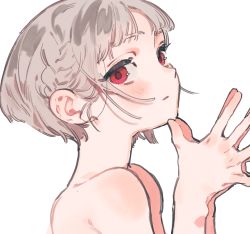 Rule 34 | 0 05kmgrn, 1girl, blush, brown hair, commentary request, from side, hands up, highres, nude, original, own hands together, parted lips, red eyes, short hair, simple background, solo, steepled fingers, upper body, white background