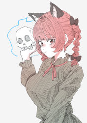 Rule 34 | 1girl, absurdres, animal ears, blunt bangs, blush, bow, braid, breasts, cat ears, dress, extra ears, flaming skull, floating skull, grey background, hair bow, highres, hitodama, kaenbyou rin, large breasts, light smile, long sleeves, looking at viewer, neck ribbon, red eyes, red hair, ribbon, simple background, skull, solo, touhou, twin braids, upper body, zyaga53