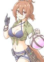 Rule 34 | 1girl, agnes tachyon (lunatic lab) (umamusume), agnes tachyon (umamusume), akara kai, animal ears, bikini, bikini under clothes, black bikini, breasts, brown eyes, brown hair, cleavage, collarbone, commentary request, criss-cross halter, denim, denim shorts, flask, gloves, green shirt, halterneck, highres, holding, horse ears, horse girl, horse tail, looking at viewer, medium breasts, midriff, navel, official alternate costume, official alternate hairstyle, round-bottom flask, shirt, short shorts, shorts, single glove, smile, solo, swimsuit, tail, umamusume, white background