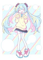 Rule 34 | 1girl, aqua hair, aqua necktie, asameshi, black skirt, blush, border, cardigan, closed eyes, colored inner hair, cross-laced footwear, facing viewer, full body, hands up, hatsune miku, highres, long hair, long sleeves, multicolored hair, necktie, open mouth, pleated skirt, shirt, skirt, sleeves past wrists, smile, solo, striped, striped background, thighhighs, twintails, vocaloid, white border, white footwear, white shirt, white thighhighs