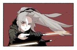 Rule 34 | 1girl, black gloves, border, bright pupils, cloak, closed mouth, coat, dagger, dual wielding, floating hair, gloves, gogalking, green coat, grey hair, highres, holding, holding dagger, holding knife, holding weapon, hood, hood down, hooded cloak, knife, looking at viewer, original, ponytail, red background, red eyes, shadow fang (gogalking), simple background, solo, weapon, white border, white pupils