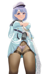 Rule 34 | 1girl, azur lane, blue eyes, blue hair, breasts, chapayev (azur lane), clothes lift, downscaled, hair ornament, hairclip, hat, highres, jacket, large breasts, looking at viewer, md5 mismatch, medium breasts, military hat, mole, mole on breast, panties, pantyhose, quatthro, resized, short hair, skirt, skirt lift, smile, solo, standing, underwear