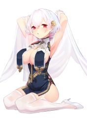 Rule 34 | 1girl, absurdres, aoiro (t aoiro123), armpits, arms behind head, azur lane, between breasts, blush, braid, breast curtains, breasts, china dress, chinese clothes, cleavage, commentary request, covered navel, dress, flower, french braid, garter straps, gloves, hair between eyes, hair flower, hair ornament, high heels, highres, large breasts, looking at viewer, open mouth, pelvic curtain, red eyes, revealing clothes, short hair, side braid, side slit, simple background, sirius (azur lane), sirius (azure horizons) (azur lane), sitting, solo, thighhighs, white background, white footwear, white gloves, white hair, white thighhighs
