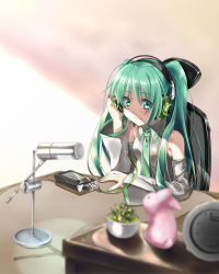 Rule 34 | 1girl, apple inc., cellphone, chair, detached sleeves, digital media player, female focus, green eyes, green hair, hatsune miku, headphones, highres, indoors, iphone, long hair, matching hair/eyes, nail polish, necktie, office chair, phone, plant, shinohara shinome, sitting, smartphone, smile, solo, swivel chair, vocaloid