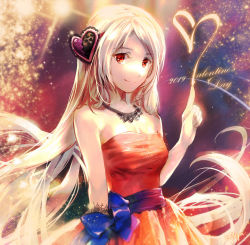 Rule 34 | 1girl, artist name, blue bow, bow, dated, dress, gabuccc, grey hair, hair ornament, heart, heart hair ornament, highres, jewelry, long hair, looking at viewer, necklace, original, red dress, red eyes, simple background, sleeveless, sleeveless dress, smile, very long hair, white hair