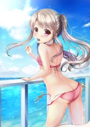 Rule 34 | 1girl, alternate hairstyle, ass, bare shoulders, bikini, blue sky, blush, breasts, butt crack, cloud, commentary request, day, fate/kaleid liner prisma illya, fate (series), food, from behind, highres, illyasviel von einzbern, kabosu (anna neji), long hair, looking at viewer, looking back, open mouth, outdoors, pink bikini, ponytail, popsicle, red eyes, shiny skin, silver hair, sky, small breasts, solo, standing, swimsuit, wardrobe malfunction, water, wet