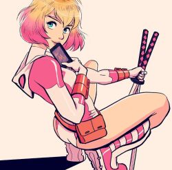 Rule 34 | 1girl, animification, blonde hair, cellphone, from side, gwenpool, jisoo kim, katana, leotard, looking at viewer, marvel, multicolored hair, phone, pink hair, pink lips, pouch, smartphone, solo, squatting, superhero costume, sword, two-tone hair, weapon