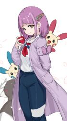 Rule 34 | 1girl, :&lt;, :d, absurdres, blue pants, brown eyes, closed mouth, collared shirt, creatures (company), excadrill, game freak, gen 3 pokemon, gen 5 pokemon, hair ornament, hairclip, hand up, highres, holding, holding poke ball, jacket, lacey (pokemon), long sleeves, looking at viewer, minun, nintendo, open clothes, open jacket, open mouth, pants, plusle, poke ball, poke ball (basic), pokemon, pokemon (creature), pokemon sv, puffy long sleeves, puffy sleeves, purple hair, purple jacket, ranf, shirt, simple background, sleeves past wrists, smile, thick eyebrows, white background, white shirt