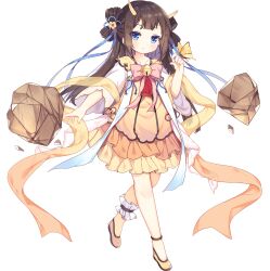 Rule 34 | 1girl, ark order, bell, blue eyes, bow, bracelet, branch, bridal garter, brown hair, bug, butterfly, butterfly on hand, chimi-mouryou (ark order), dragon horns, dress, flats, full body, hagoromo, horns, insect, jewelry, jingle bell, long sleeves, looking at viewer, official art, pink bow, rock, shawl, sidelocks, solo, tachi-e, transparent background, tsukimi (xiaohuasan), two side up, variant set, wide sleeves, yellow dress, yellow footwear
