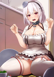 Rule 34 | 1girl, anchor choker, apron, azur lane, black dress, blush, bow, bowl, breasts, choker, cleavage, cup, dishes, dress, eyelashes, fingernails, food, food on body, food on breasts, foreshortening, frilled apron, frilled choker, frills, furrowed brow, hair between eyes, hair intakes, hairband, hands up, highres, indoors, kanzaki kureha, kitchen, lace, lace-trimmed hairband, lace-trimmed legwear, lace trim, large breasts, lips, looking at viewer, object on head, on floor, open mouth, red eyes, short hair, sirius (azur lane), solo, spill, suggestive fluid, teapot, thick thighs, thighhighs, thighs, tongue, two-tone dress, waist apron, white apron, white bow, white dress, white frills, white hair, white thighhighs