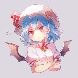 Rule 34 | 1girl, 60mai, :t, puff of air, bat wings, blue hair, blush, brooch, crossed arms, grey background, hat, hat ribbon, jewelry, looking at viewer, mob cap, pout, puffy short sleeves, puffy sleeves, red eyes, red ribbon, remilia scarlet, ribbon, short sleeves, simple background, solo, tears, touhou, upper body, wing collar, wings