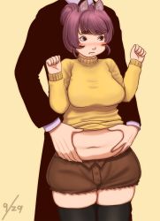 Rule 34 | 1boy, 1girl, :t, belly grab, black thighhighs, blush, breasts, brown background, formal, highres, kamisuki, large breasts, midriff, muffin top, navel, necktie, plump, serious, shirt, short hair, shorts, simple background, suit, tagme, thighhighs, zettai ryouiki