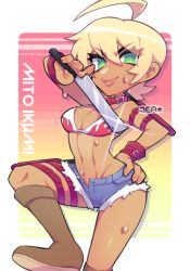 Rule 34 | 1girl, armband, blonde hair, blue shorts, boots, bra, brown footwear, collar, dark skin, denim, denim shorts, flame print, green eyes, hand on own hip, holding, knee boots, knife, leg up, licking lips, looking at viewer, mito ikumi, multicolored background, open fly, orange background, print bra, red background, red bra, sheath, shokugeki no souma, short hair, shorts, smile, sprayjea, standing, striped, striped background, sweat, thigh strap, tongue, tongue out, underwear, white bra, wristband, yellow background
