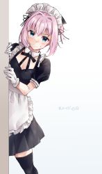 Rule 34 | 1girl, absurdres, alternate costume, apron, black dress, black thighhighs, blue eyes, blush, closed mouth, dress, enmaided, feet out of frame, gloves, hair between eyes, highres, kantai collection, maid, maid apron, maid day, maid headdress, peeking out, pink hair, puffy short sleeves, puffy sleeves, shiranui (kancolle), short hair, short sleeves, simple background, solo, thighhighs, u yuz xx, white apron, white background, white gloves