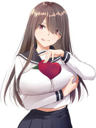 Rule 34 | 1girl, arm under breasts, blouse, blue sailor collar, blue skirt, breast hold, breasts, brown hair, closed mouth, commentary request, eyes visible through hair, hand up, heart, large breasts, long hair, long sleeves, looking at viewer, mole, mole under mouth, nakajima yuka, original, red eyes, sailor collar, school uniform, shiny skin, shirt, simple background, skirt, sleeve cuffs, solo, straight hair, tongue, tongue out, valentine, white background, white shirt