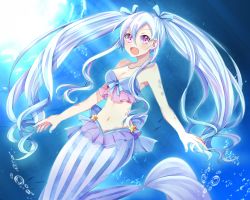 Rule 34 | 1girl, air bubble, blue nails, cell (card game), long hair, looking at viewer, mermaid, midriff, monster girl, nail polish, navel, open mouth, purple eyes, ruka192, solo, sunlight, twintails, underwater, very long hair, white hair, zebrafish (cell)