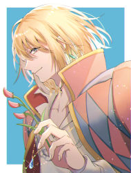 Rule 34 | 1boy, absurdres, blonde hair, blue background, blue eyes, blurry, border, checkered clothes, checkered jacket, closed mouth, collarbone, collared shirt, commentary, depth of field, earrings, flower, from side, glint, high collar, highres, howl (howl no ugoku shiro), howl no ugoku shiro, jacket, jewelry, looking at viewer, male focus, medium hair, necklace, open clothes, open jacket, outside border, pendant, pink flower, pink jacket, profile, shirt, smile, solo, upper body, white border, white shirt, yohane (yohane007)