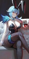 Rule 34 | 1girl, absurdres, alternate costume, animal ears, black leotard, black nails, blue hair, blue necktie, breasts, closed mouth, cup, detached collar, drinking glass, eula (genshin impact), fake animal ears, genshin impact, hairband, highres, holding, holding cup, large breasts, leotard, light frown, nail polish, necktie, pantyhose, playboy bunny, rabbit ears, rasipan, short necktie, sitting, solo, thigh strap, vision (genshin impact), wine glass, wing collar, wrist cuffs, yellow eyes