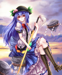 Rule 34 | 1girl, absurdres, bad id, bad pixiv id, blue hair, blue skirt, boots, bow, breasts, brown footwear, cloud, cloudy sky, evening, floating rock, food, frilled skirt, frills, fruit, hair between eyes, hat, high heel boots, high heels, highres, hinanawi tenshi, horizon, knee boots, long hair, long legs, long skirt, looking at viewer, looking to the side, mountain, ocean, orange sky, peach, petticoat, rainbow order, red eyes, rope, sheya, shimenawa, shirt, short sleeves, sidelocks, silhouette, skirt, sky, small breasts, smile, solo, sunset, sword of hisou, touhou, very long hair, white shirt