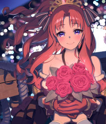 Rule 34 | 1girl, akino (christmas) (princess connect!), akino (princess connect!), bare shoulders, blush, bouquet, breasts, closed mouth, collarbone, flower, gloves, large breasts, long hair, looking at viewer, lunch (shin new), parted bangs, ponytail, princess connect!, purple eyes, red gloves, red hair, rose, sidelocks, smile, solo, solo focus, tiara