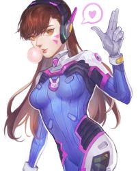 Rule 34 | 1girl, acronym, animal print, bodysuit, bracer, breasts, brown eyes, brown hair, blowing bubbles, chewing gum, clothes writing, cowboy shot, d.va (overwatch), facepaint, facial mark, gloves, headphones, heart, high collar, highres, long hair, looking at viewer, medium breasts, overwatch, overwatch 1, parted lips, pilot suit, pink lips, rabbit print, ribbed bodysuit, shoulder pads, simple background, skin tight, solo, spoken heart, swept bangs, whisker markings, white background, white gloves, xoue