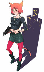 Rule 34 | 1girl, animal ears, boots, breasts, cat ears, cat tail, g-room honten, gun, impossible clothes, impossible shirt, jewelry, mac-10/11, medium breasts, midriff, mole, mole under eye, necklace, orange hair, pantyhose, red hair, shirt, short hair, skirt, solo, submachine gun, tail, weapon, yellow eyes