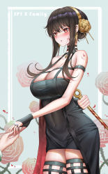 Rule 34 | 1boy, 1girl, absurdres, bare shoulders, black dress, black gloves, black hair, black thighhighs, blood, blood on arm, blood on face, bloody weapon, blush, breasts, copyright name, covered navel, dress, earrings, engagement ring, fingerless gloves, floral background, flower, glint, gloves, gold earrings, gold hairband, grenade pin, hair flower, hair ornament, hairband, highres, holding hands, jewelry, large breasts, long hair, looking at another, out of frame, parted lips, raised eyebrows, red flower, red rose, ring, rose, rose background, sidelocks, skindentation, solo, spikes, spy x family, taut clothes, taut dress, thighhighs, thorns, twilight (spy x family), two-sided dress, two-sided fabric, weapon, yf (hbyg), yor briar, zettai ryouiki