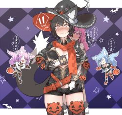 Rule 34 | !, !!, 4girls, alternate costume, animal ears, bandages, basket, bat (animal), black bra, black hair, black panties, blue hair, blush, boots, bra, grabbing another&#039;s breast, breasts, checkered background, checkered clothes, checkered scarf, cleavage, cropped legs, ears through headwear, english text, fox ears, fox tail, fur trim, ganesagi, grabbing, grabbing from behind, groping, halloween, hat, heart, heart-shaped pupils, large breasts, long hair, momo (ganesagi), momo (shirogane usagi), multiple girls, nanashi (ganesagi), nanashi (shirogane usagi), orange scarf, original, panties, pink eyes, pink hair, pumpkin, rabbit ears, scarf, shaded face, short shorts, shorts, spoken exclamation mark, star (symbol), symbol-shaped pupils, tail, thigh boots, thighhighs, underwear, unzipping, witch hat, yellow eyes, yuri