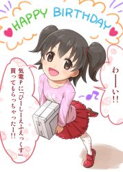 Rule 34 | !, !!, 10s, 1girl, :d, akagi miria, black hair, child, collarbone, female focus, flat chest, from above, full body, game console, happy birthday, heart, heart print, holding, idolmaster, idolmaster cinderella girls, japanese text, long sleeves, looking at viewer, musical note, open mouth, pc-fx, print shirt, shirt, shoes, skirt, smile, solo, text focus, translation request, twintails, yama tatsuo