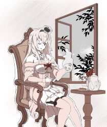 Rule 34 | 10s, 1girl, braid, breasts, chair, cleavage, crown, cup, dress, french braid, garter straps, highres, kantai collection, large breasts, long hair, mini crown, muted color, off-shoulder dress, off shoulder, one eye closed, outline, scone, sitting, solo, steam, table, teacup, teapot, thighhighs, warabe (waraghi), warspite (kancolle), window, zettai ryouiki