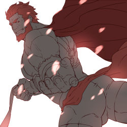 Rule 34 | 1boy, ass, bara, beard, body hair, bulge, cape, cowboy shot, facial hair, fate/grand order, fate/zero, fate (series), iskandar (fate), konohanaya, large pectorals, looking at viewer, male focus, manly, muscular, partially colored, pectorals, pov, red eyes, red hair, topless male, shorts, smile, solo, thick thighs, thighs, upper body
