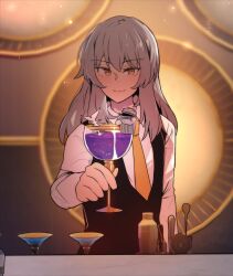 Rule 34 | 1girl, alternate costume, bartender, black vest, commentary, cup, drink, drinking glass, fish bone, grey hair, highres, hinghoi, holding, holding cup, honkai: star rail, honkai (series), long hair, long sleeves, looking at viewer, necktie, smile, solo, stelle (honkai: star rail), trailblazer (honkai: star rail), trash can, vest, wine glass, yellow eyes, yellow necktie
