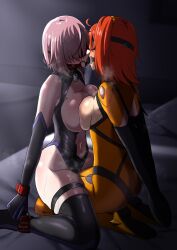 Rule 34 | 2girls, armbinder, arms behind head, asymmetrical docking, ball gag, bdsm, bed, blindfold, bound, bound together, breast press, elbow gloves, face-to-face, fate/grand order, fate (series), forced, forced kiss, fujimaru ritsuka (female), gag, gloves, highres, indoors, kneeling, mash kyrielight, multiple girls, orange hair, pink hair, shared gag, short hair, sweat, thighhighs, yuri, zetsu red