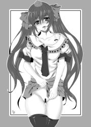 Rule 34 | 1girl, bad id, bad pixiv id, blush, censored, collarbone, female focus, greyscale, hat, himekaidou hatate, long hair, monochrome, off shoulder, open mouth, pointy ears, puffy sleeves, pussy, pussy juice, sen hisame, short sleeves, solo, standing, thighhighs, tokin hat, touhou, twintails