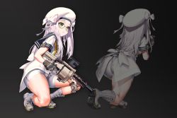 Rule 34 | 1girl, absurdres, ahoge, ass, back, back bow, beret, black background, blush, boots, bow, bowl, bowl hat, character request, closed mouth, cross-laced footwear, from behind, furrowed brow, glasses, gloves, goddess of victory: nikke, gradient background, green eyes, grenade launcher, gun, hat, highres, kim hyung tae, knee boots, lace-up boots, long hair, looking to the side, milkor mgl, milkor mgl, multiple views, neon (nikke), neon (nikke) (old design), official art, prototype design, revolver grenade launcher, ribbon, sailor collar, short sleeves, shorts, sidelocks, simple background, squatting, thick thighs, thighs, weapon, white hair