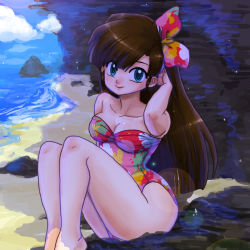 Rule 34 | 1girl, blue eyes, bow, brown hair, highres, kuonji ukyou, long hair, multicolored clothes, one-piece swimsuit, ranma 1/2, sitting, solo, swimsuit, wanta (futoshi)