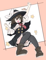 Rule 34 | 1girl, absurdres, arms up, black skirt, black thighhighs, boots, bow, braid, brown hair, capelet, clenched hands, excited, fedora, happy, hat, hat bow, highres, necktie, red neckwear, shirt, single braid, skirt, sleeves rolled up, smile, star (symbol), tatutaniyuuto, thighhighs, touhou, usami renko, white shirt