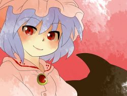 Rule 34 | 1girl, bad id, bad pixiv id, brooch, comic, female focus, gradient background, hammer (sunset beach), hat, jewelry, light purple hair, red eyes, remilia scarlet, short hair, silent comic, smile, solo, touhou, wings