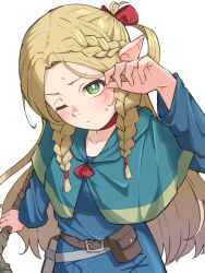 Rule 34 | 1girl, belt, blue capelet, blue robe, blush, bow, braid, capelet, choker, cowboy shot, dungeon meshi, elf, green eyes, hair around ear, hair bow, hand on own head, hand up, highres, hood, hooded capelet, long hair, looking up, marcille donato, multiple braids, one eye closed, pointy ears, pouch, red bow, red choker, robe, ruriho, simple background, solo, staff, sweat, white background