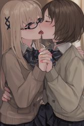 Rule 34 | 2boys, ahoge, black-framed eyewear, black bow, black choker, black skirt, blonde hair, blue nails, blush, bow, bowtie, brown cardigan, brown hair, bulge, bulge press, bulges touching, cardigan, choker, closed eyes, collared shirt, commentary request, crossdressing, diagonal-striped bow, dress shirt, erection, erection under clothes, face-to-face, false yuri, french kiss, frottage, glasses, hair ornament, hand on another&#039;s hip, highres, holding hands, hug, interlocked fingers, josou seme, kiss, long hair, long sleeves, looking at another, male focus, miniskirt, multicolored nails, multiple boys, nail polish, nose blush, o-ring, o-ring choker, original, penis, penises touching, plaid, plaid skirt, pleated skirt, red nails, saliva, shirt, short hair, skirt, sunaba (nczd5875), tongue, tongue out, trap, trap on trap, white nails, white shirt, x hair ornament, yaoi, yellow nails