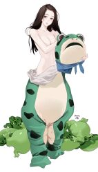 Rule 34 | animal costume, bare shoulders, breasts, brown eyes, brown hair, covering breasts, covering privates, frog costume, highres, hitomi o, large breasts, long hair, looking to the side, no bra, original, tagme, white background