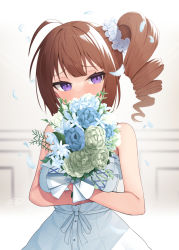 Rule 34 | 1girl, bare arms, bare shoulders, binsen, blue flower, blue rose, blush, bouquet, brown hair, covered mouth, dress, drill hair, flower, hair flower, hair ornament, highres, holding, holding bouquet, idolmaster, idolmaster million live!, looking at viewer, petals, purple eyes, ribbon-trimmed dress, rose, side ponytail, sidelocks, solo, white dress, yokoyama nao