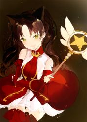 Rule 34 | 1girl, :d, animal ears, bad id, bad tumblr id, breasts, brown hair, detached sleeves, dress, fate/stay night, fate (series), green eyes, kaleido ruby, light particles, long hair, looking at viewer, lpip, magical ruby, medium breasts, open mouth, red dress, red thighhighs, sleeveless, sleeveless dress, smile, solo, thighhighs, tohsaka rin, toosaka rin, twintails, two side up, wand, zettai ryouiki