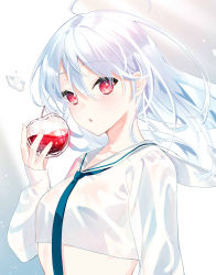 Rule 34 | 1girl, ahoge, bekotarou, breasts, crop top, floating hair, glass, hand up, highres, holding, long hair, long sleeves, looking at viewer, midriff, necktie, original, parted lips, red eyes, sailor collar, shirt, small breasts, solo, upper body, white background, white hair, white shirt