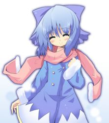 Rule 34 | 1girl, blue hair, cirno, female focus, gradient background, hair between eyes, hair ribbon, highres, perfect cherry blossom, ribbon, scarf, smile, snow (gi66gotyo), solo, touhou, white background