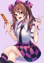 Rule 34 | 1girl, ashiroku (miracle hinacle), black necktie, black socks, brown eyes, brown hair, commentary, crossed legs, fang, hat, highres, himekaidou hatate, holding, holding phone, looking at viewer, necktie, open mouth, phone, plaid clothes, plaid skirt, purple background, purple hat, purple skirt, shirt, sitting, skirt, socks, solo, tokin hat, touhou, twintails, v, white shirt