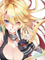 Rule 34 | 1girl, blonde hair, blue eyes, blush, breasts, cleavage, elbow gloves, fingerless gloves, floating hair, gloves, hair between eyes, hand up, highres, iowa (kancolle), jacket, kantai collection, large breasts, long hair, looking at viewer, messy hair, one eye closed, sidelocks, signature, simple background, sleeveless, sleeveless jacket, smile, solo, star-shaped pupils, star (symbol), symbol-shaped pupils, togashi (choco-bakama kitchen), twitter username, white background