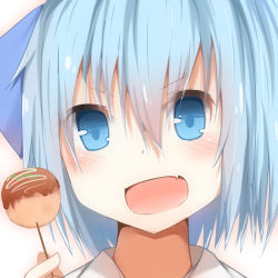 Rule 34 | 1girl, blue eyes, blue hair, cirno, food, looking at viewer, open mouth, simple background, sorahachi (sora823), touhou, white background