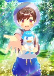 Rule 34 | 1boy, :d, backpack, bag, blue shorts, blush, brown eyes, brown hair, commentary request, cowboy shot, creatures (company), day, drawstring, florian (pokemon), game freak, grey headwear, hat, hug, kou hiyoyo, looking at viewer, nintendo, one eye closed, open mouth, outdoors, outstretched arm, pokemon, pokemon sv, quaxly, shirt, short sleeves, shorts, smile, standing, tree, white shirt