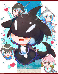 Rule 34 | 5girls, :o, absurdres, ascot, bad id, bad pixiv id, bare arms, black eyes, black hair, blue eyes, blue hair, blush, bow, bowtie, brown hair, cetacean tail, chibi, chinese white dolphin (kemono friends), choker, closed mouth, collar, collared dress, commentary request, common bottlenose dolphin (kemono friends), common dolphin (kemono friends), covered eyes, dress, facing viewer, fang, fins, fish tail, frilled collar, frilled dress, frills, full body, gradient hair, green eyes, grey hair, hair between eyes, hair bow, hair over eyes, head fins, heart, highres, kemono friends, letterboxed, long sleeves, looking at another, multicolored hair, multiple girls, narwhal (kemono friends), necktie, open mouth, orca (kemono friends), pantyhose, pink hair, rakugakiraid, sailor collar, shoes, short hair, short sleeves, side ponytail, smile, splashing, tail, twintails, water, white hair